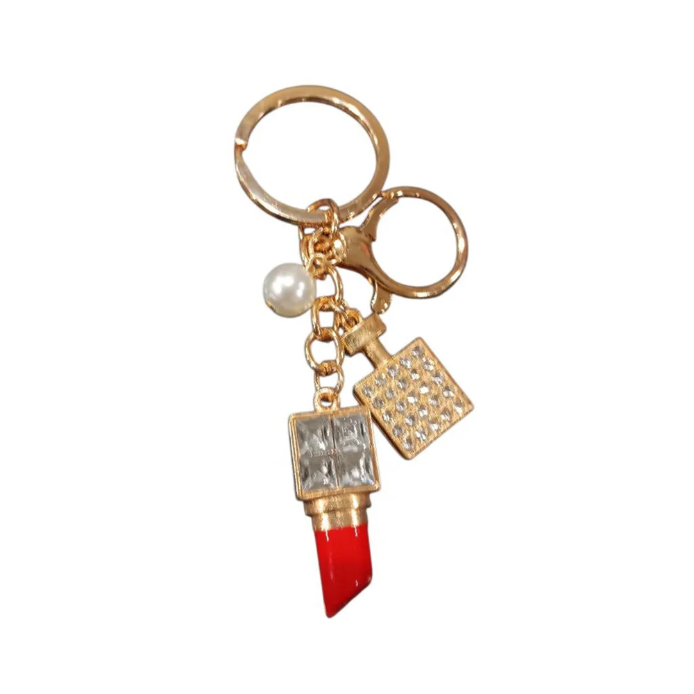Rhinestone Lipstick, Perfume Bottle, Pearl Bling Keychain Purse Charm Red & Gold